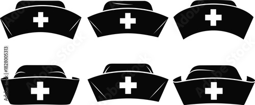 Classic nurse cap black silhouette vector icons, set of six medical hat symbols, featuring a white cross, hospital healthcare profession graphic design.
