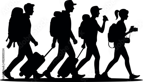 Silhouettes of a family or group of travelers with backpacks and luggage