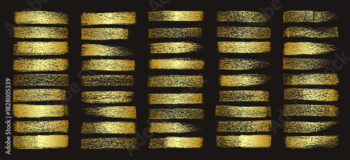 Golden brush strokes, lines, ink smudges, hand-drawn scribble shapes. Handmade sketchy marks, acrylic stains, charcoal streaks. Paint textures, dry brush effect. Marker underline. Vector illustration