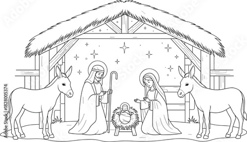 Christmas nativity scene vector line art, holy family drawing, Mary, Joseph, baby Jesus in manger, traditional stable with donkeys, coloring page graphic.