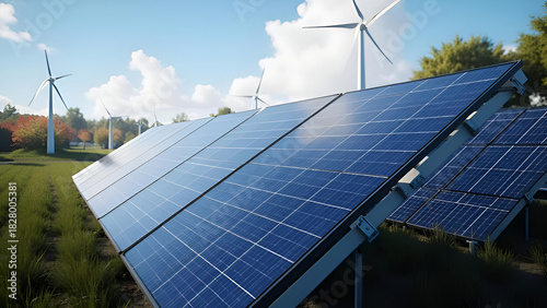 Close-up view of angled solar panels under a clear blue sky, highlighting efficient green energy technology in a natural environment.