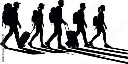 Silhouettes of travelers with backpacks and suitcases walking together