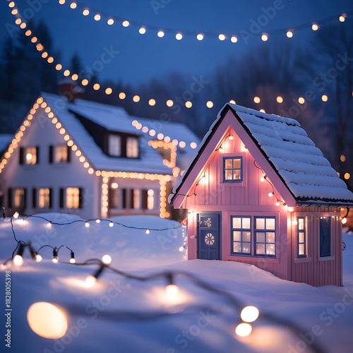 Cozy winter village scene with snow covered houses illuminated by warm christmas lights at night