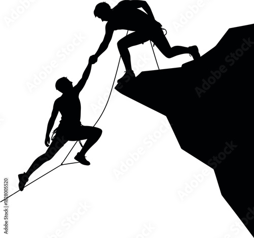 Silhouette of two climbers helping each other ascend a steep rock face