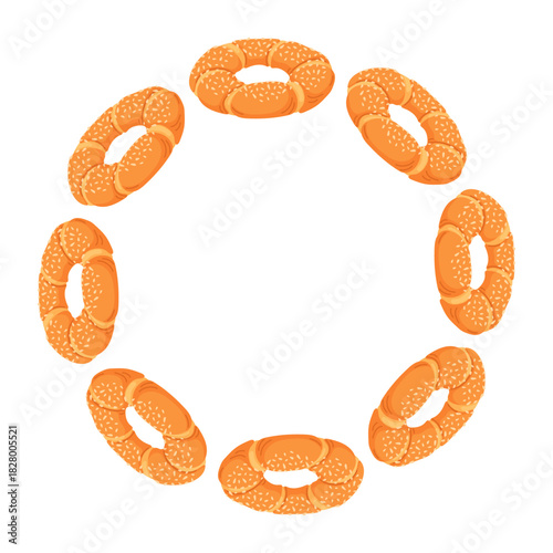 Wreath with Turkish simit in flat style. Traditional Turkey bagel with sesame. Oriental bakery, fresh pastry, baked goods for cafe breakfast card. Isolated on a white background.