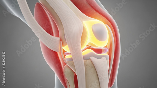Anatomical illustration showing the structure of the knee joint with bones and ligaments depicted clearly