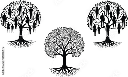Family tree vector silhouette set, people icons forming the canopy, deep roots and foliage branches, genealogy history graphic, ancestry generation symbol design, black and white art