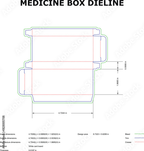 Medicine Box Packaging Dieline Template with Bleed, Trim, and Crease for Pharmaceutical Boxes