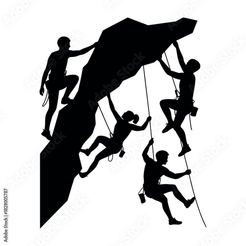 Silhouettes of climbers ascending a steep rock face