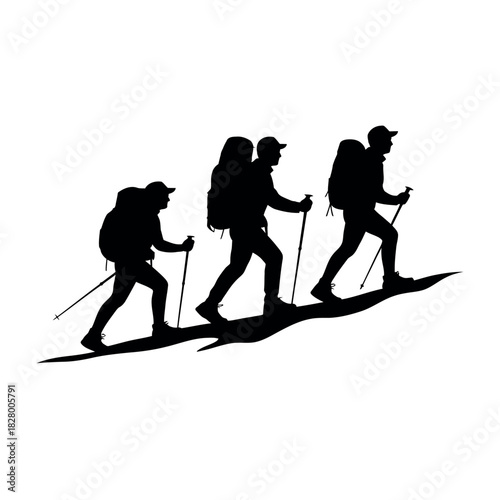 Silhouettes of hikers with backpacks and trekking poles ascend a slope
