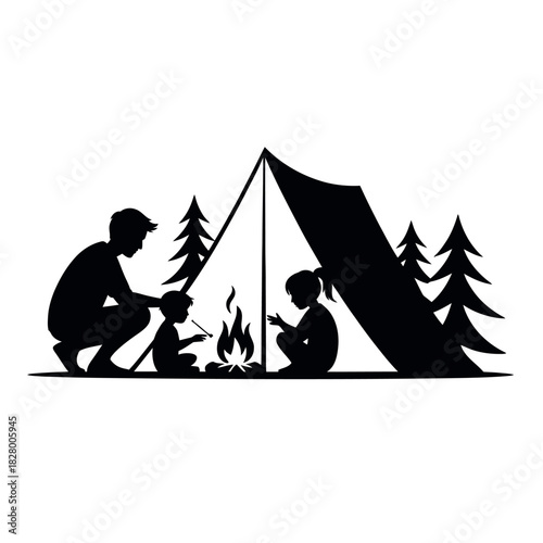 Family camping adventure with campfire and tent silhouette illustration