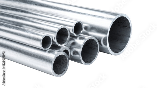 Closeup of several shiny metal pipes of various diameter sizes isolated on transparent background