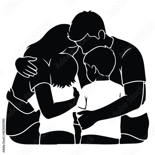 A loving family silhouette, featuring parents and their two children embracing in a strong, heartwarming group hug, symbolizing unity, support, and care
