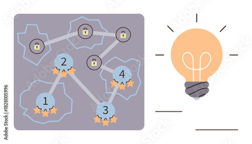 Game-style network with interconnected nodes, star ratings, and padlock-secured pathways next to a glowing lightbulb. Ideal for problem-solving, gamification, innovation, progress, strategy