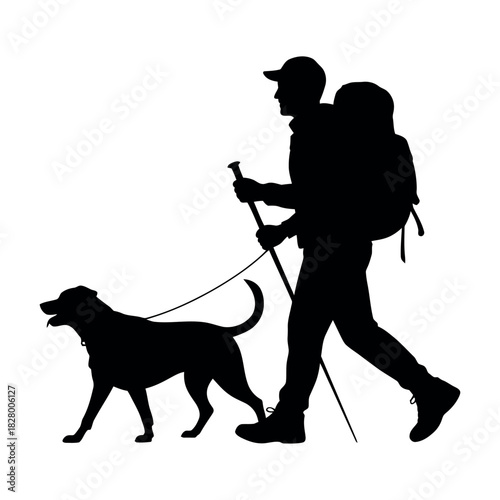 Silhouette of a hiker with a dog and trekking poles on a white background