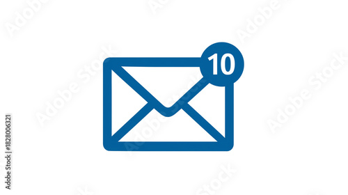 Blue icon of an email envelope with a notification badge showing the number ten isolated on transparent background
