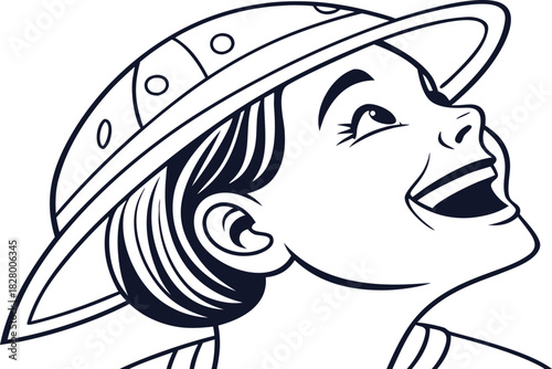 Smiling cartoon explorer boy looks up with excitement. Vintage line art adventure character illustration. Playful expressive design for storytelling themes.