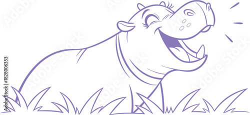 Cute cartoon hippo laughing in the grass. Playful outline animal illustration. Fun character design for kids and storytelling.