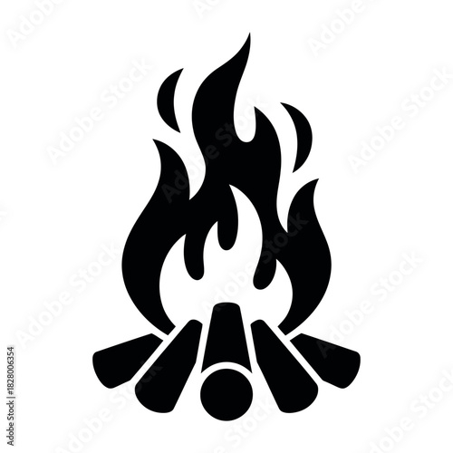 Stylized black silhouette of a campfire with flames and logs