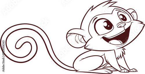 Cute cartoon monkey sitting happily. Playful baby monkey line art illustration. Adorable cheerful character drawing for kids and creatives.