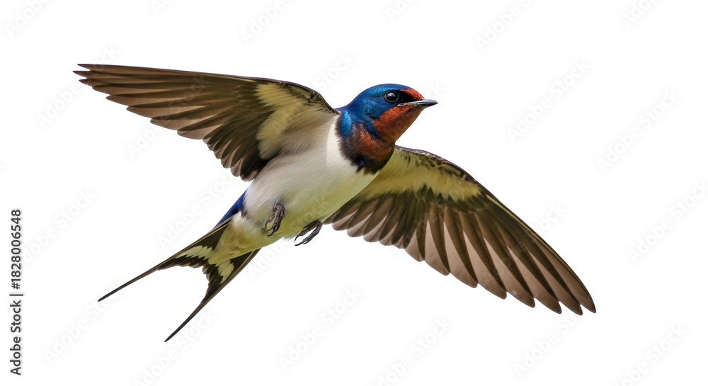 Obraz premium Barn swallow flying PNG isolated on transparent background, colorful bird with long tail and outstretched wings, migratory species