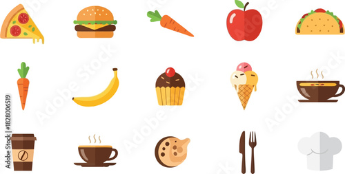 Assortment of flat food, beverage, dining items and a wind instrument.