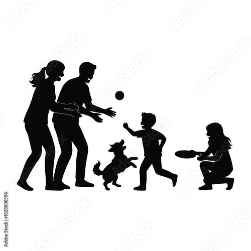 Family with two children and pet dog playing with ball and frisbee, enjoying outdoor leisure time activity together, silhouette illustration