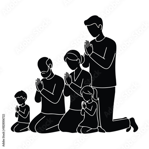 Family prayer silhouette with parents and children kneeling. illustrates profound devotion, faith, hope, and spiritual family unity concept.