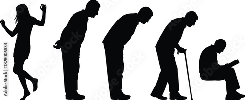 Black and white vector silhouette set showing human figures in various poses like dancing, bending, walking with cane, and reading book on white background.