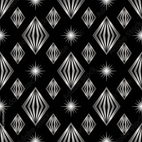 Elegant art deco diamond pattern with starbursts on black background seamless geometric design