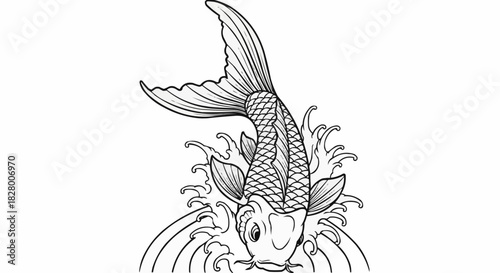 Detailed Line Art Drawing of a Koi Fish in Water.