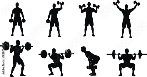 Silhouette of a man exercising with dumbbells and barbell fitness and workout concept vector illustration of a man doing exercises