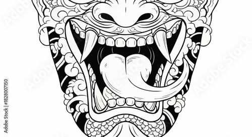 Intricate Japanese Oni Mask Illustration Depicting Fierce Expression and Detail.