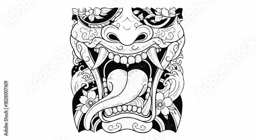 Intricate black and white line art of a fierce mythological demon mask.