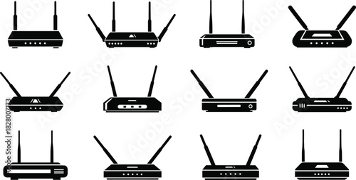 Collection of wireless router silhouettes, offering a variety of network device designs for connectivity and technology themes