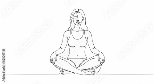 Woman Meditating in Lotus Pose Continuous Line Drawing.