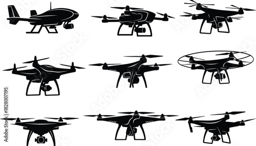 Collection of various drone silhouettes, showcasing different designs and configurations, perfect for illustrating aerial technology