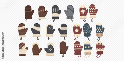 A collection of various knitted winter mittens with different patterns and colors, including stripes, snowflakes, and stars, suitable for cold weather.