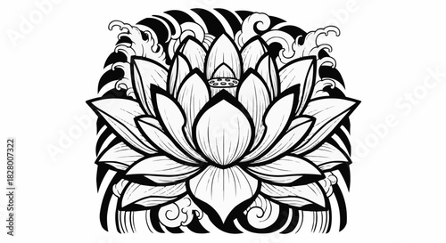 Detailed Black and White Lotus Flower Illustration.