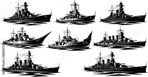 A collection of vintage battleship silhouettes, each ship showcasing unique design elements and historical significance