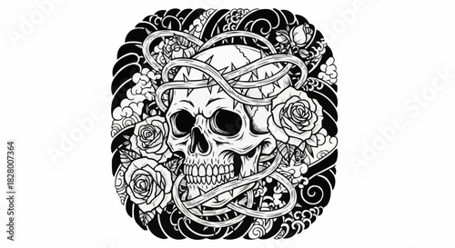 Skull with Roses and Vines Tattoo Design Black and White Illustration.