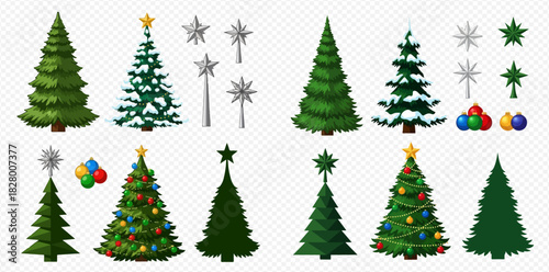 A collection of various Christmas trees, including decorated, plain, snow-covered, and silhouette designs, along with star toppers and colorful bauble ornaments.