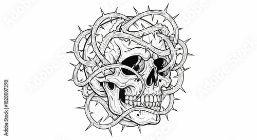 Skull entangled in thorny vines black and white illustration.