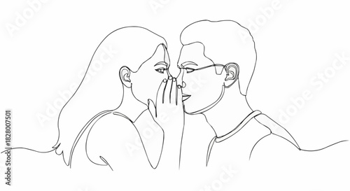 Woman Whispering Secret to Man in Continuous Line Art.
