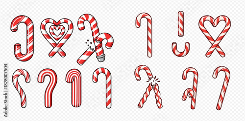 Illustrative assortment of classic Christmas candy canes, featuring various designs and playful arrangements like hearts and punctuation marks.