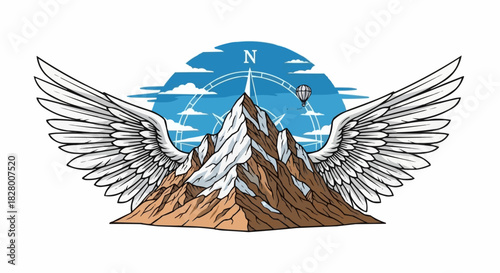 Majestic mountain peak with wings and compass, soaring towards the sky, adventure concept.