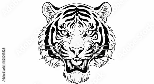 Fierce Tiger Head Illustration Black and White.