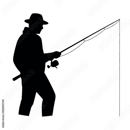 Silhouette of a fisherman casting a line with a hat and a rod