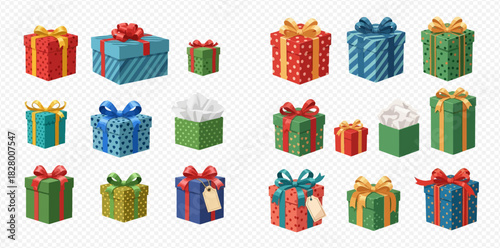A vibrant collection of various gift boxes in different sizes, colors, and patterns, adorned with bows and ribbons, perfect for celebrations and holidays.