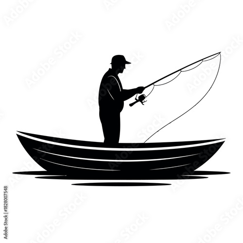 Silhouette of a fisherman casting a line from a rowboat